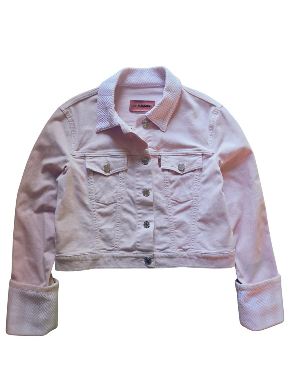 Missoni Pink Denim Cropped Jacket Chevron Knit Sleeves *EUC* IT 44/ US 8-10